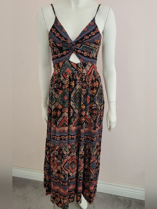 Angie Dresses & Skirts - ANGIE Geometric Boho Maxi Dress Size M Cutout Front Smocked Back